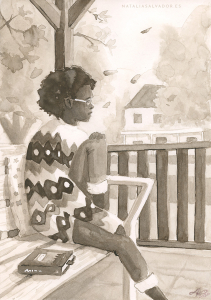 Ink illustration of a girl sitting in a bench wearing a sweater and observing the autumn landscape