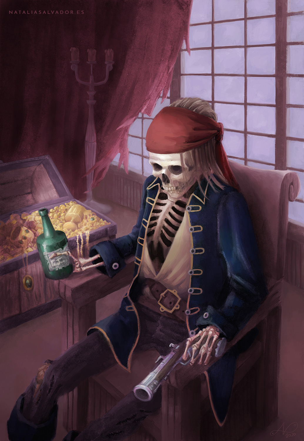 Treasure Keeper, digital illustration of a pirate skeleton by Natalia Salvador