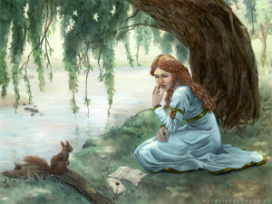 A sad girl under a weeping willow with a letter next to her and a squirrel looking