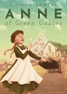 Mock-up of an Anne of Green Gables book cover with illustration and lettering