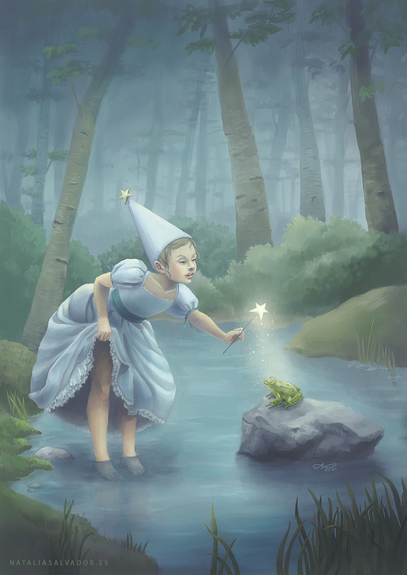 2021 rework of an illustration with a girl in a pond during her magic wand with a frog