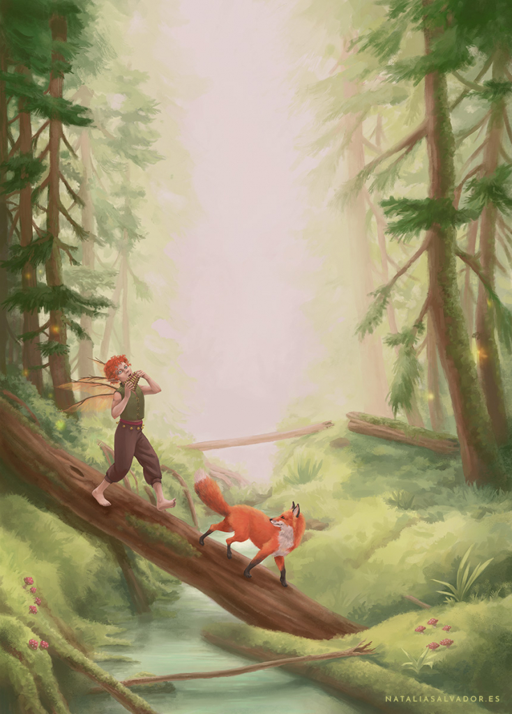 A male fairy walking through the forest with a fox