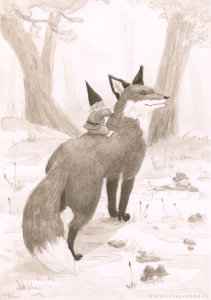 Ink illustration of David the Gnome and Swift the fox in the forest