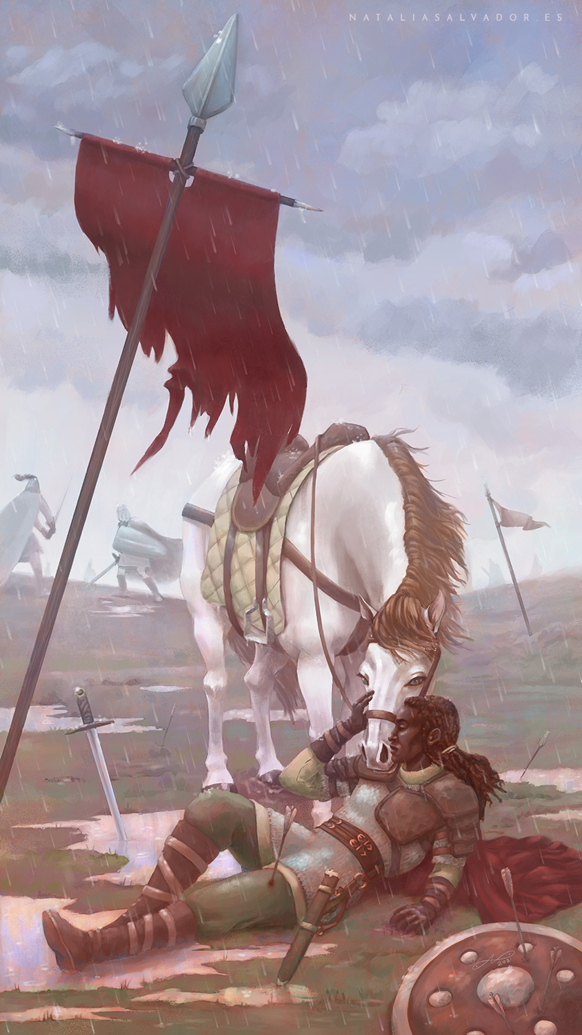 Digital illustration of a fallen wounded soldier and its horse under the rain