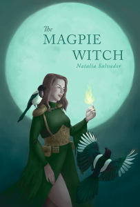 Magpie witch illustration with text, emulating a book cover