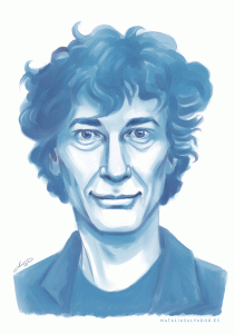 Animated Neil Gaiman portrait changing from blue to colour