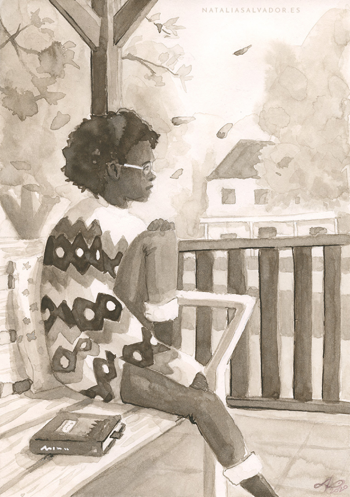 Ink drawing of an autumnal scene where a girl is sitting at her porch wearing a cozy sweater