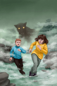 Book cover illustration where two children run away from a car shaped monster in a foggy landscape