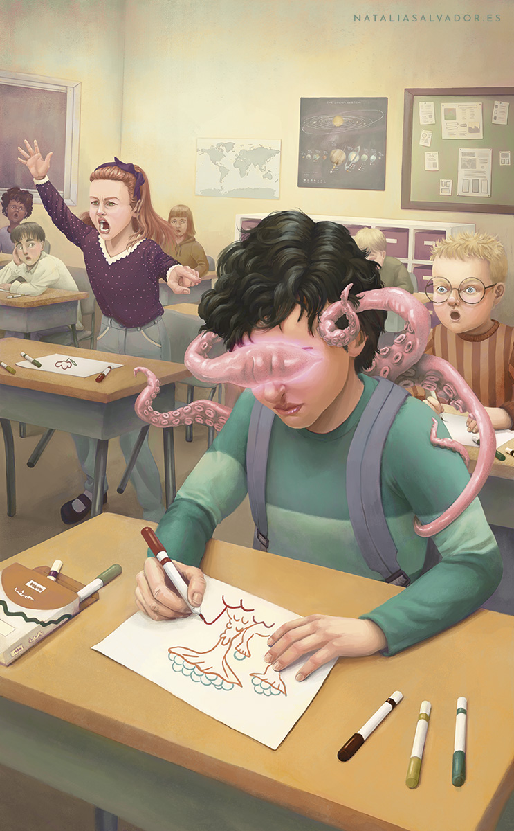 Digital illustration of children in class, where one of them is surrounded by tentacles and other is pointing at her